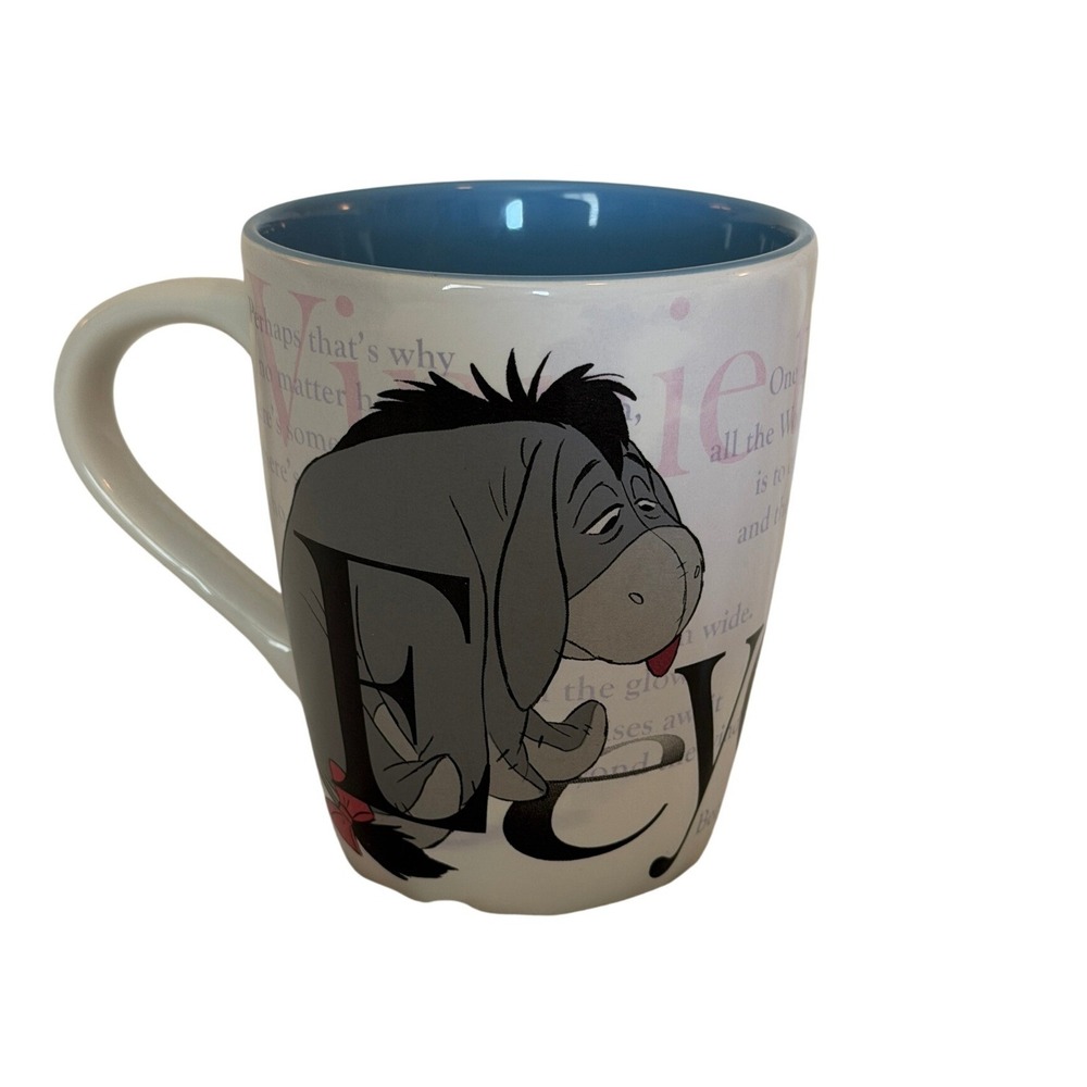 Disney Store Eeyore Winnie the Pooh Ceramic Coffee Mug White Blue Interior
